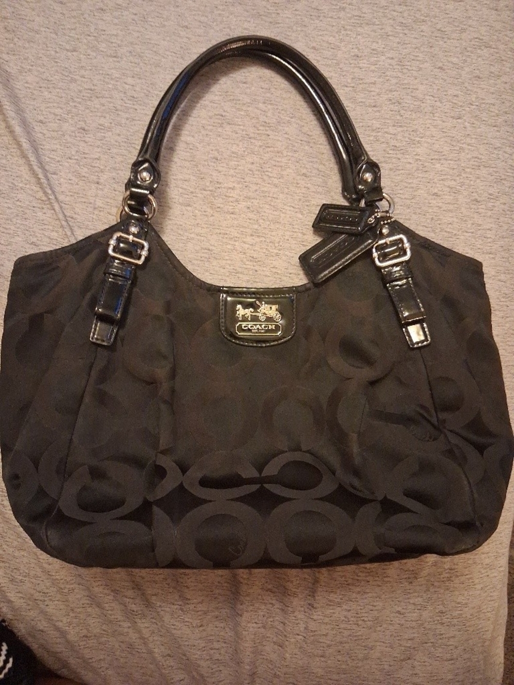 Coach Black Signature Nylon Tote with Patent Trim